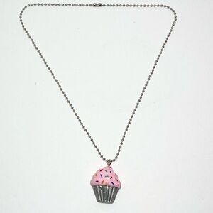 Handmade Hand Painted Cupcake Charm Plastic Polymer Silver Ball & Chain Necklace